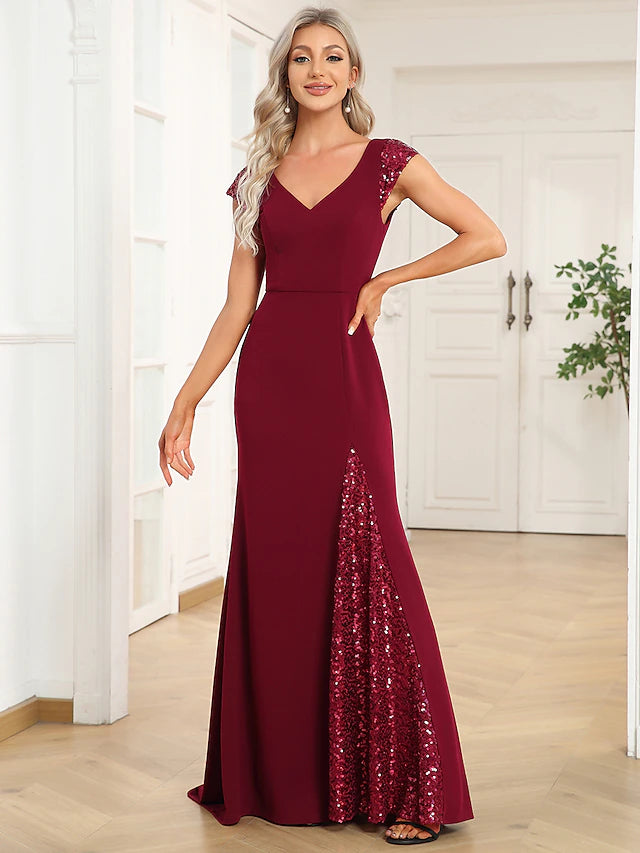 Meerjungfrau/Trompete Abendkleid Vintage Kleid Party Wear Bodenlang Kurzarm V-Ausschnitt Pailletten mit Falten Pailletten
